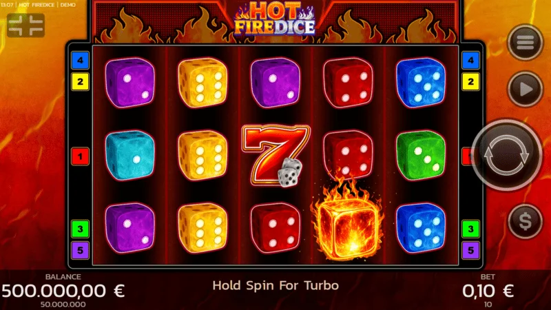 Hot Fire Dice - herná obrazovka s horiacimi sedmičkami